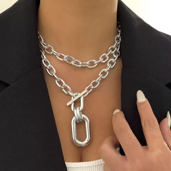 🆕 Women Silver Toggle Clasp Necklace Chunky Punk Layered Choker Simple Jewelry - Picture 2 of 6